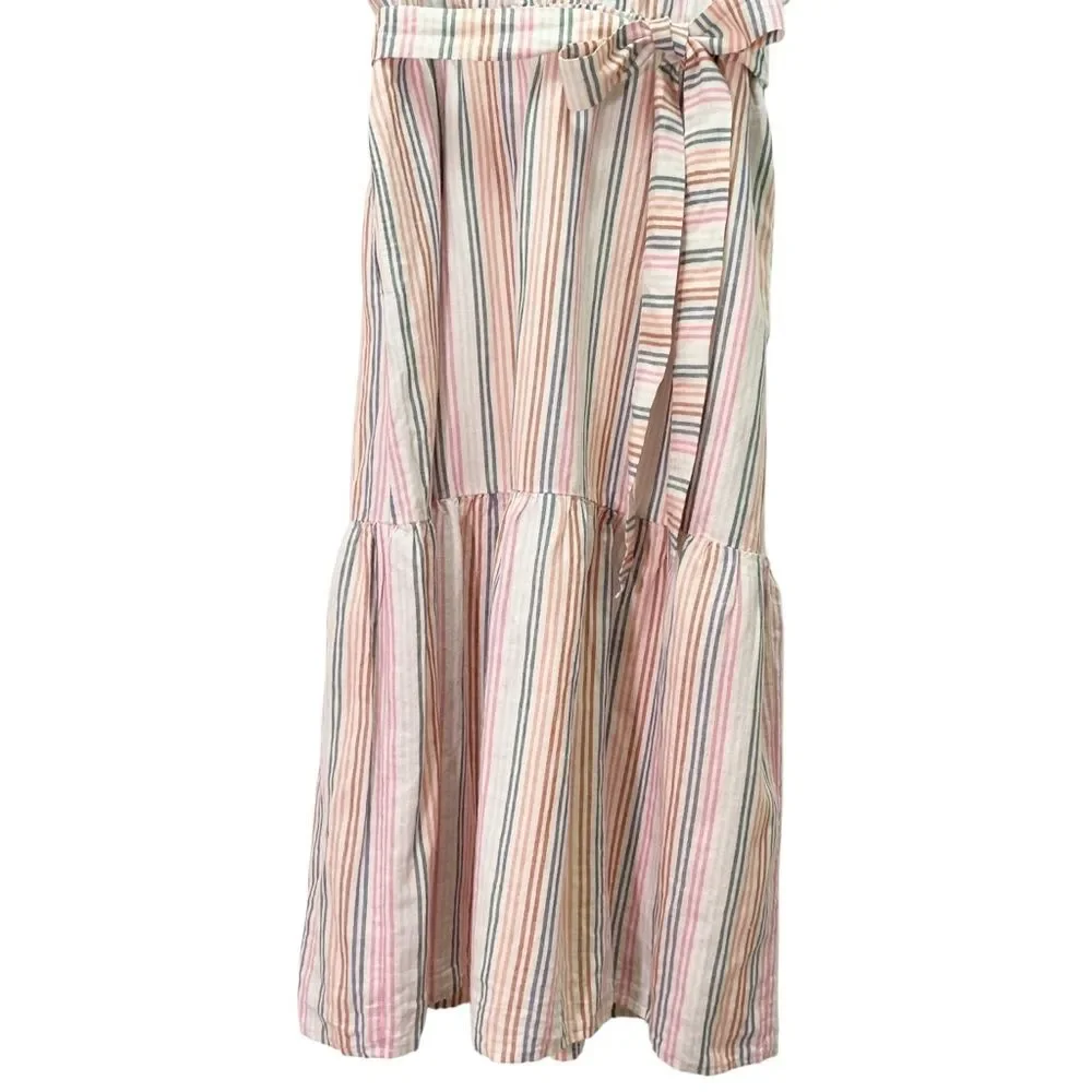 NWT Gap Linen Blend Striped Midi Dress Belted V-Neck Short Sleeve Size 14 Tall